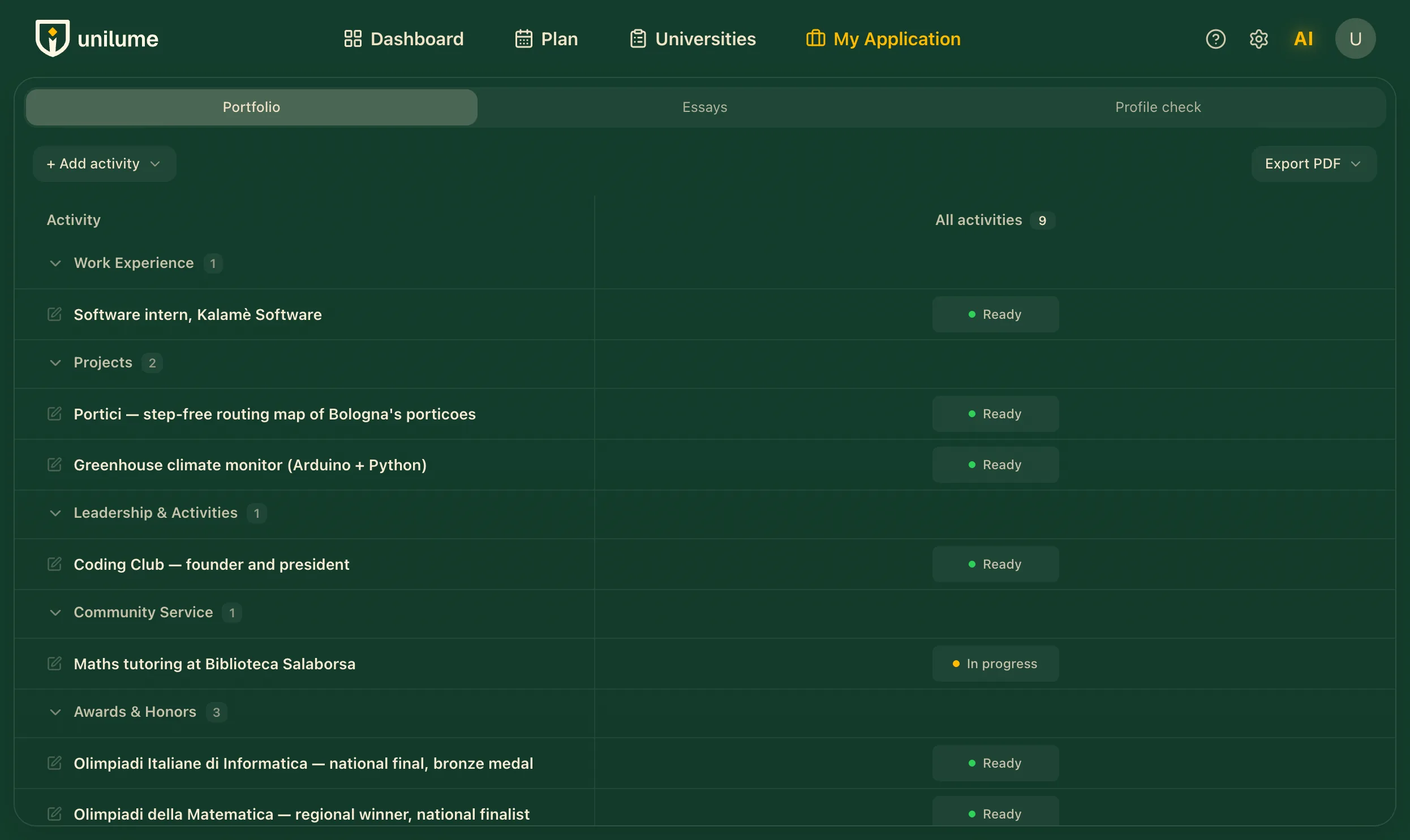 Unilume activities list — projects, awards, leadership and service, each marked ready or in progress