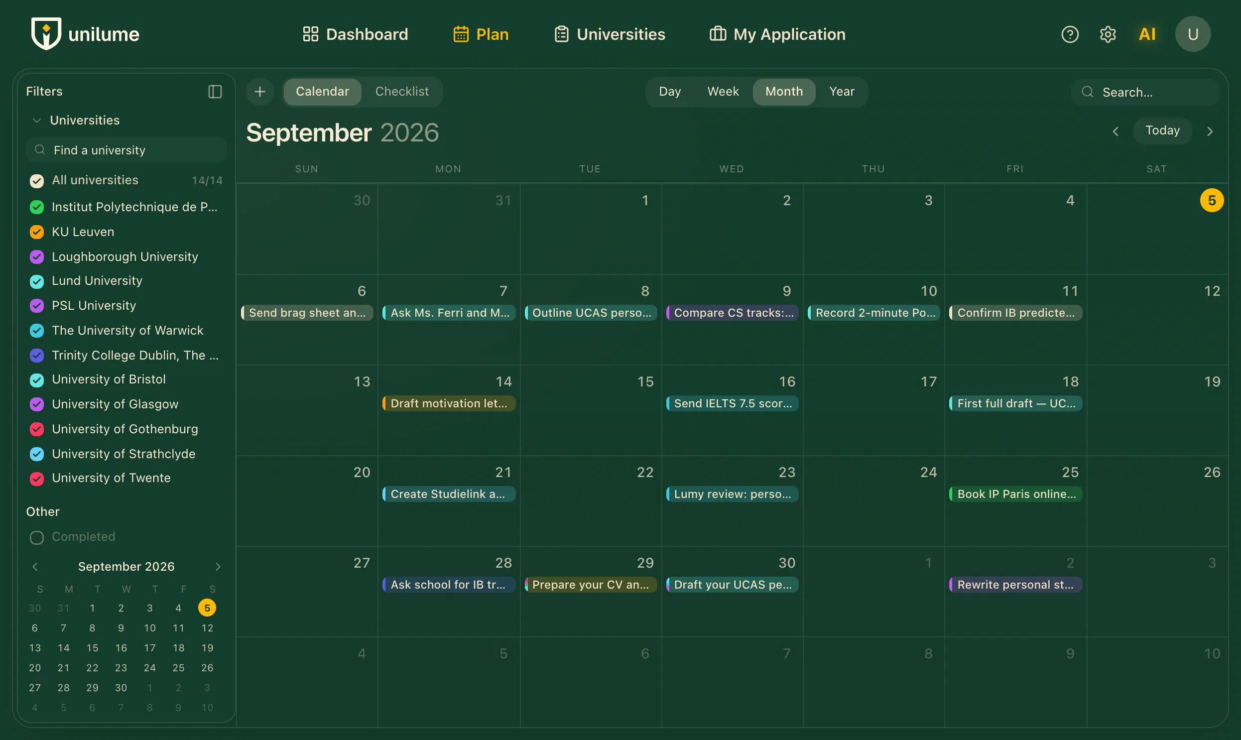 Unilume calendar — September month view with tasks colour-coded by university