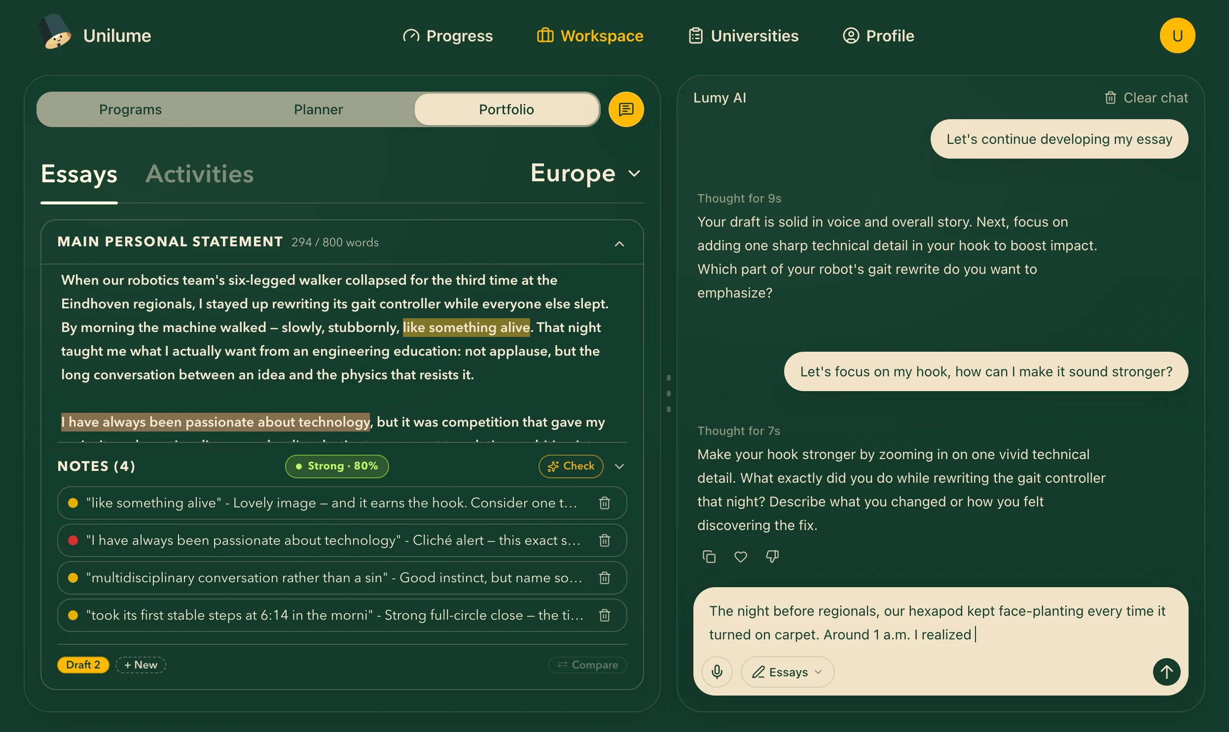 Unilume essay workspace with AI notes and a strength score