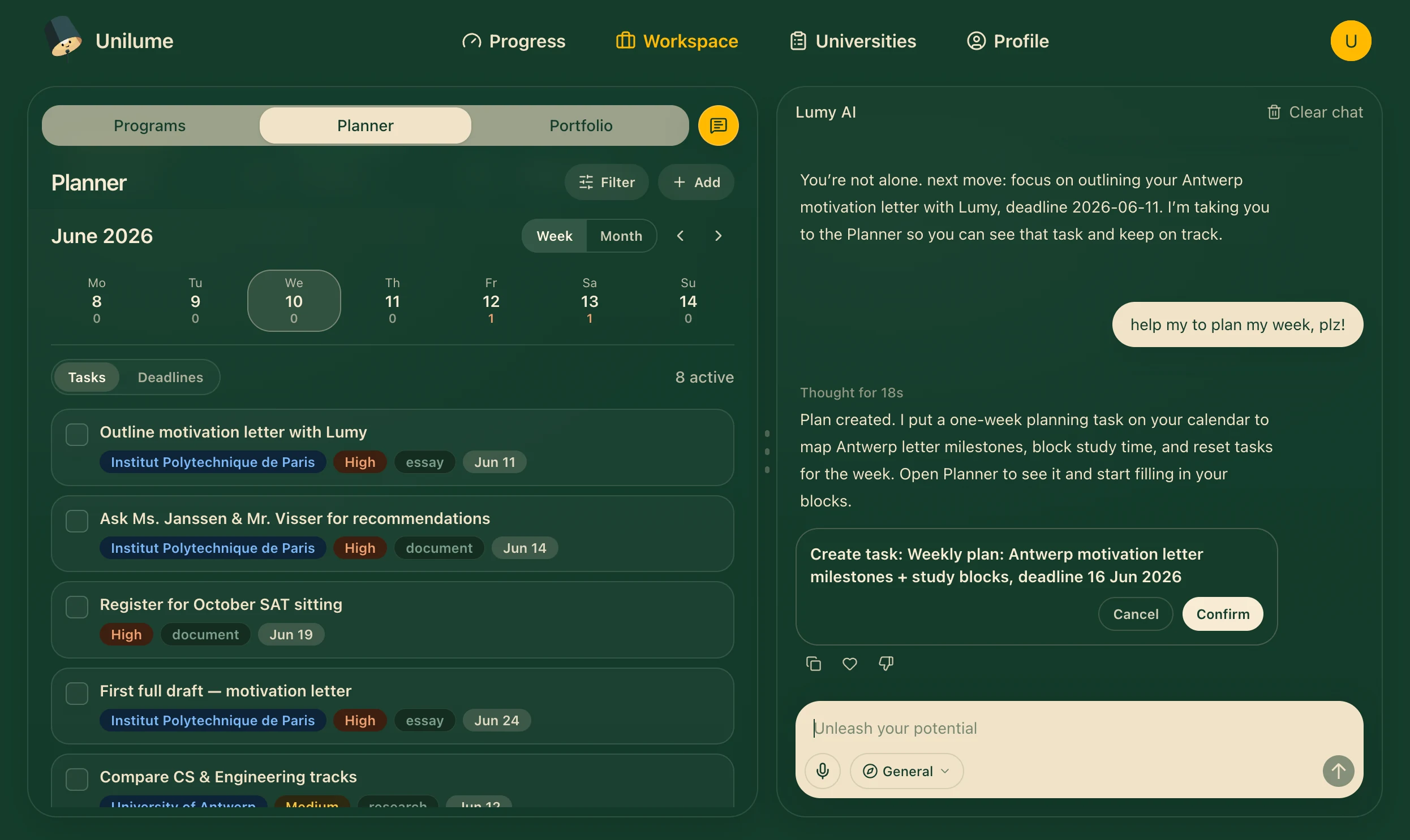 Unilume planner with tasks, deadlines and the Lumy AI assistant