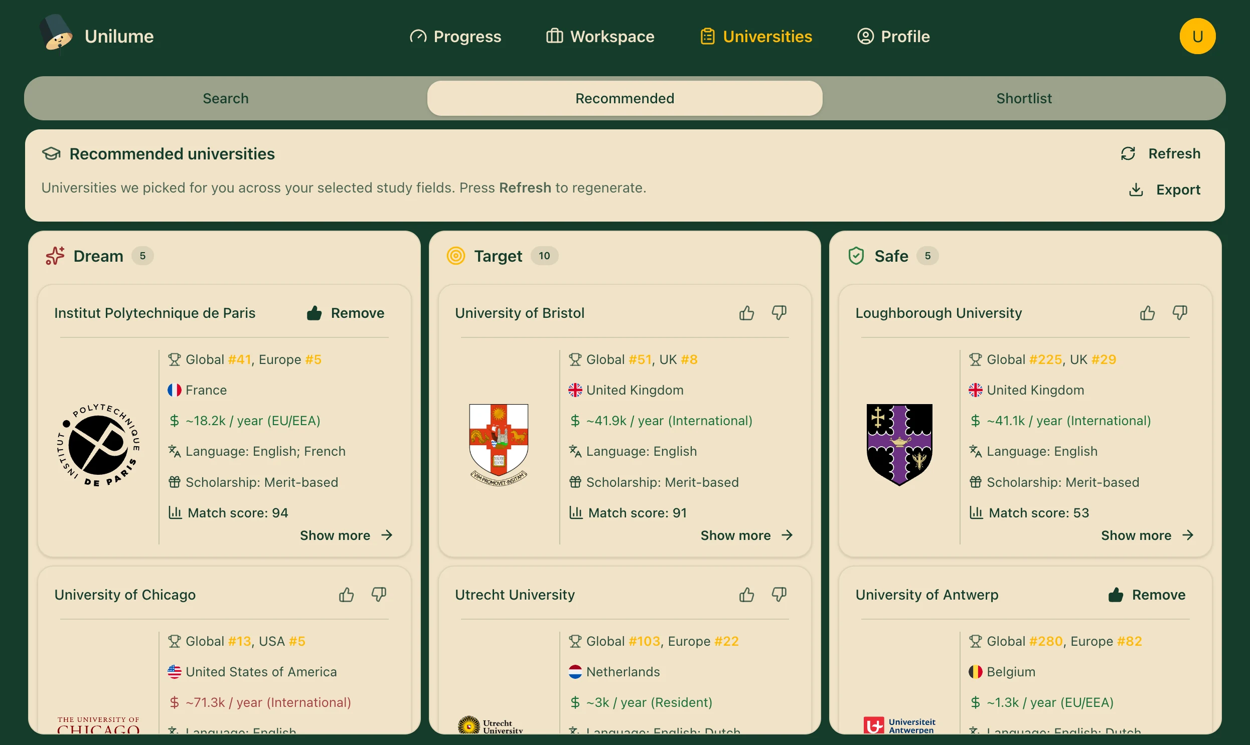 Unilume — recommended universities grouped by Dream, Target and Safe, each with a match score