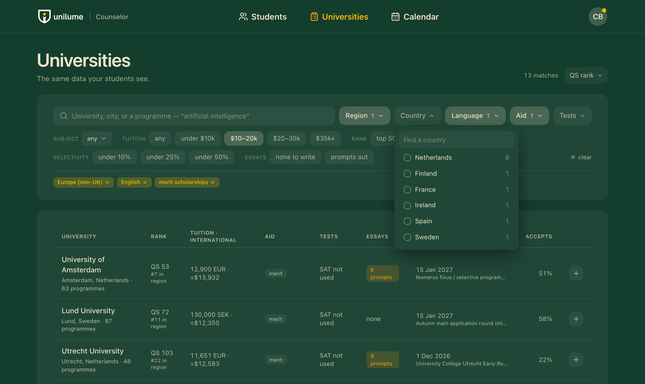 The university catalogue filtered to Europe, English-taught and merit scholarships: 13 matches with tuition, aid and deadlines